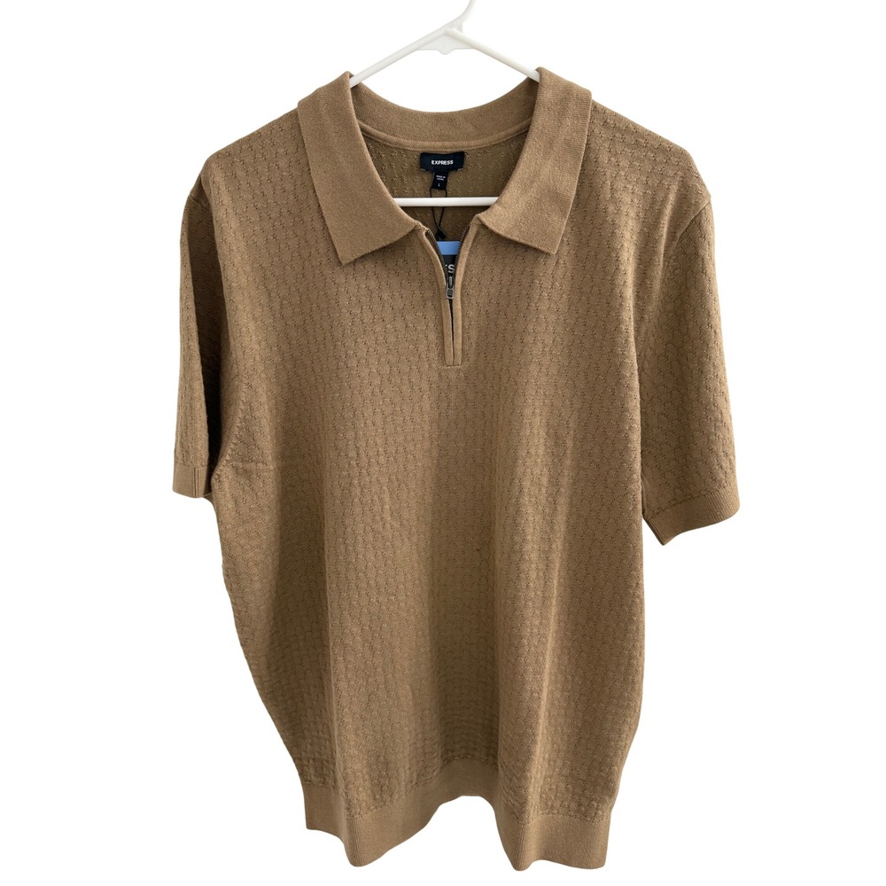 Express Mens Zip Sweater Polo Large Tan Brown Textured Knit Short Sleeve New